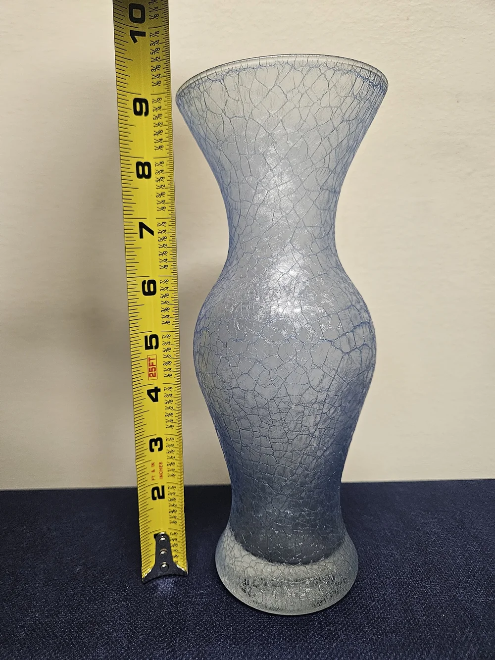 Pale Blue Crackle Glass Vase Flared Neck Curvy Silhouette 9 Inch Tall Decorative